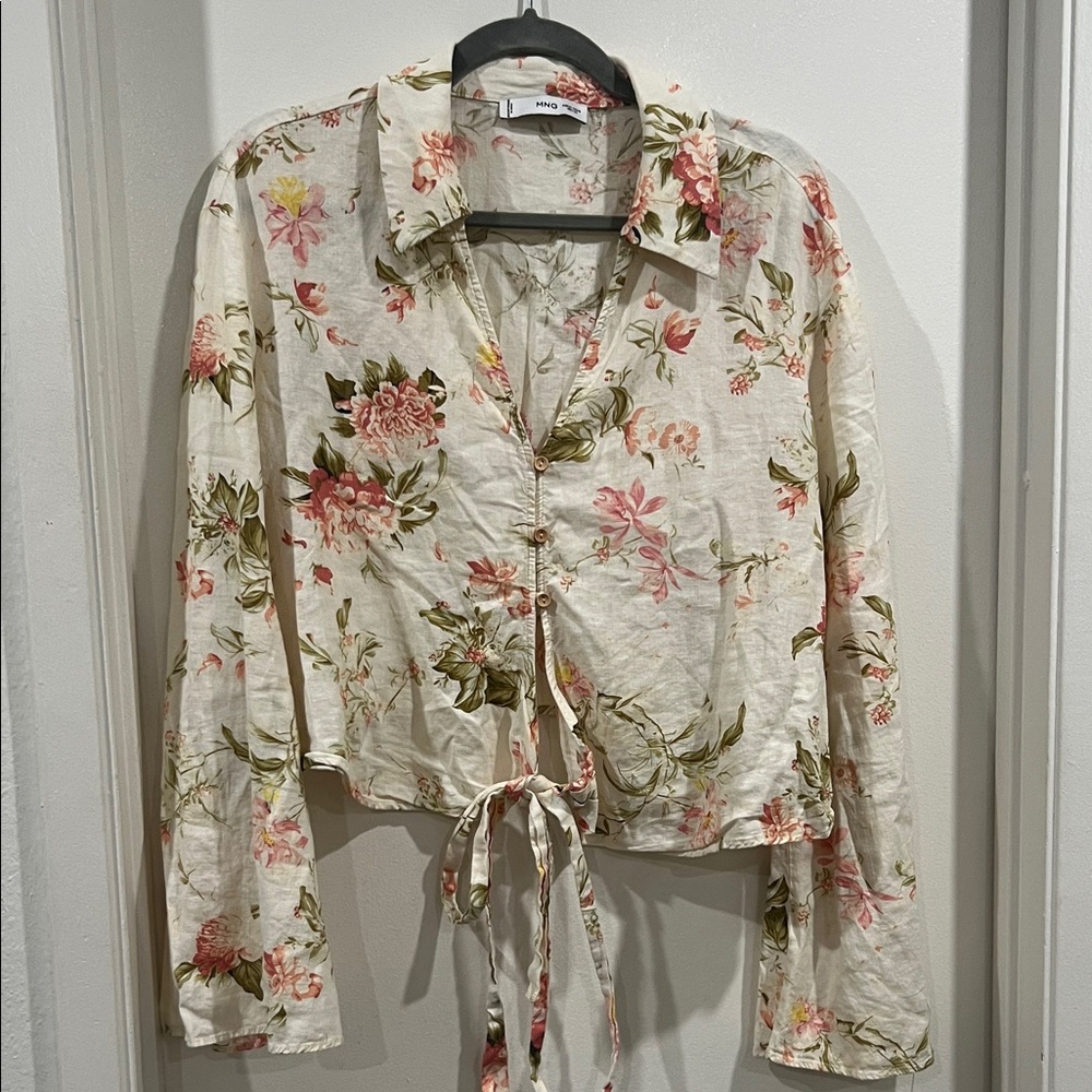 Zara White Floral Tie-Waist Cropped Button Up Blouse